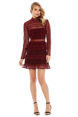 Self Portrait - Tiered Guipure Lace Mini Dress - Maroon - Front